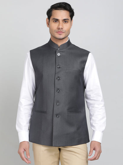 Dark Grey Solid Regular Fit Bandhgala Jacket | Greenfibre