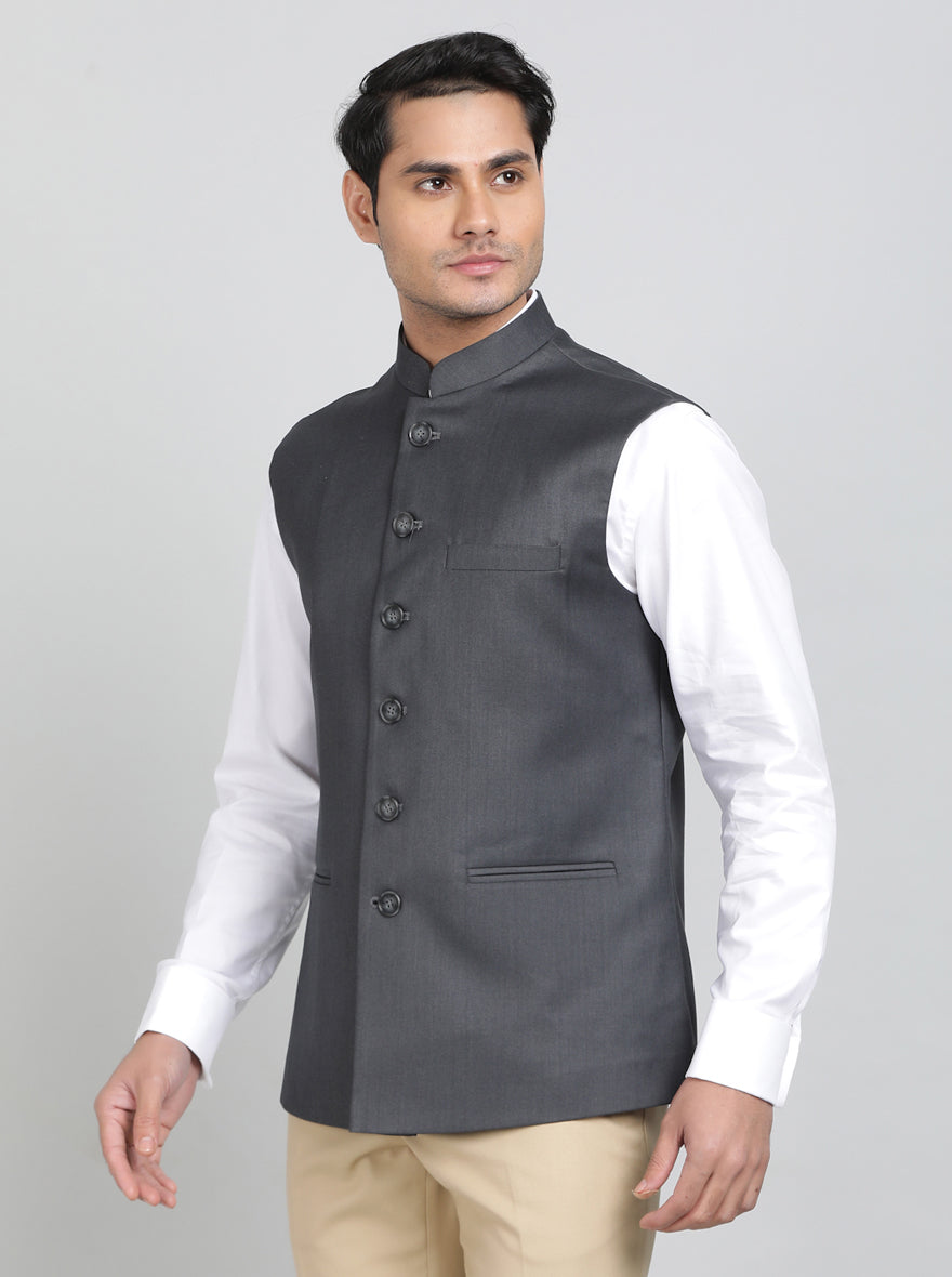 Dark Grey Solid Regular Fit Bandhgala Jacket | Greenfibre