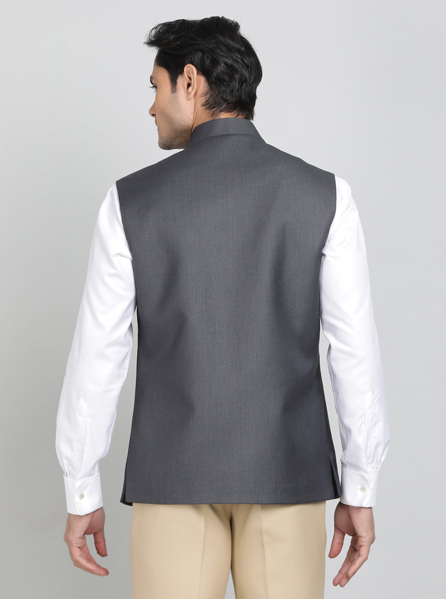 Dark Grey Solid Regular Fit Bandhgala Jacket | Greenfibre