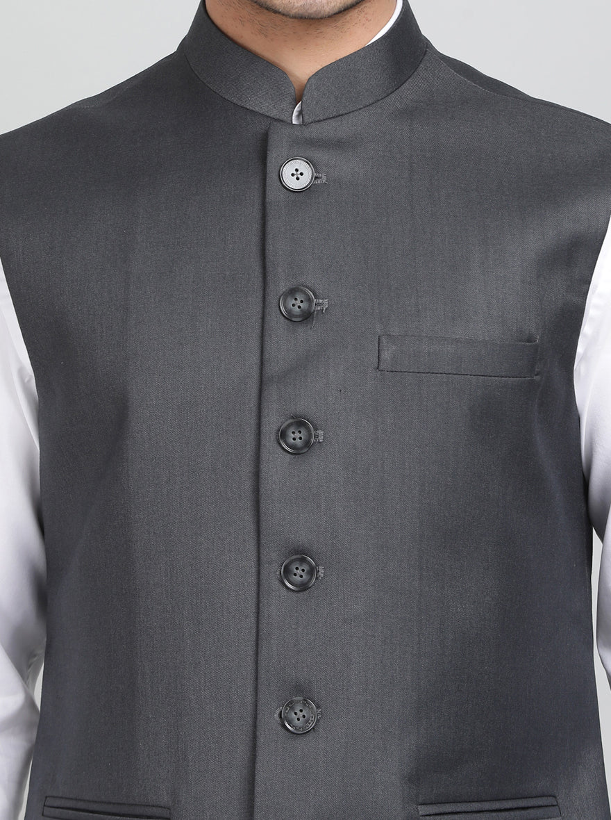 Dark Grey Solid Regular Fit Bandhgala Jacket | Greenfibre