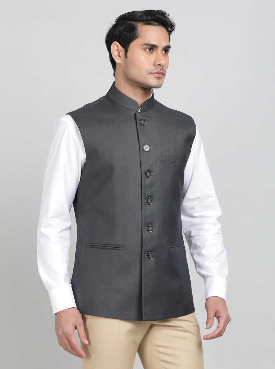 Dark Grey Solid Regular Fit Bandhgala Jacket | Greenfibre