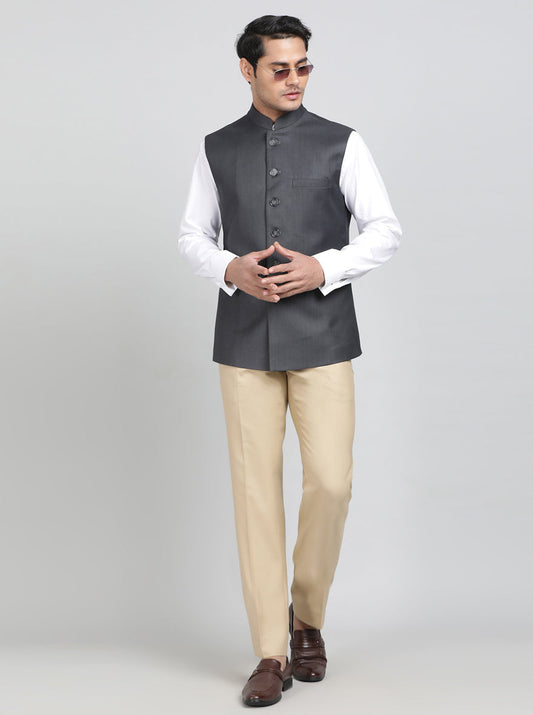 Dark Grey Solid Regular Fit Bandhgala Jacket | Greenfibre