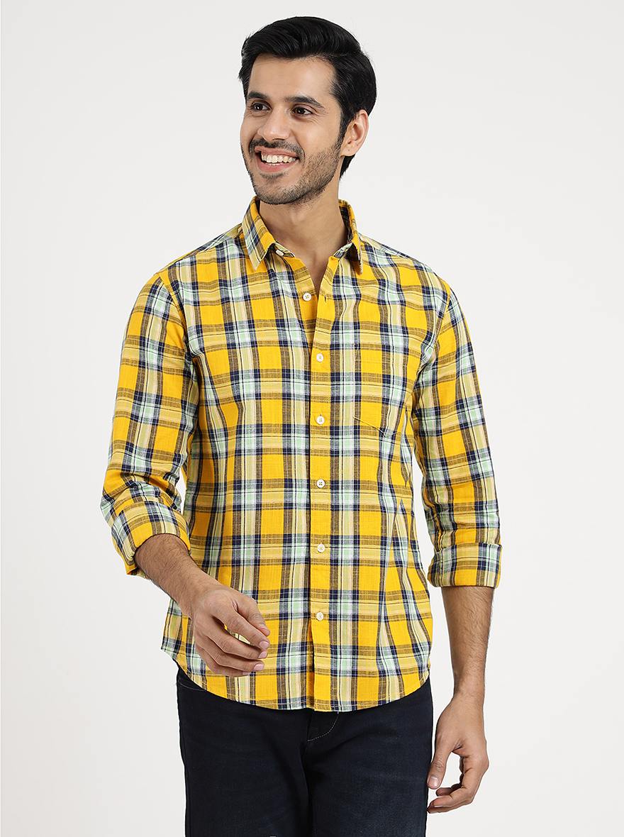 Yellow Checked Slim Fit Casual Shirt | Greenfibre