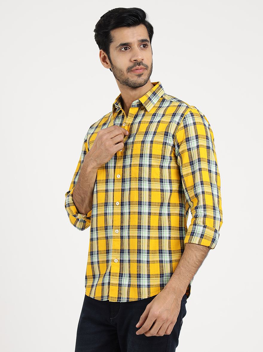 Yellow Checked Slim Fit Casual Shirt | Greenfibre