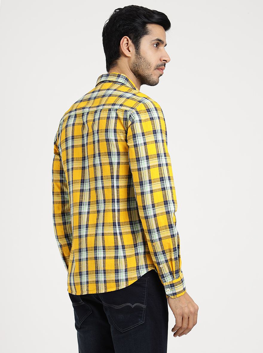 Yellow Checked Slim Fit Casual Shirt | Greenfibre