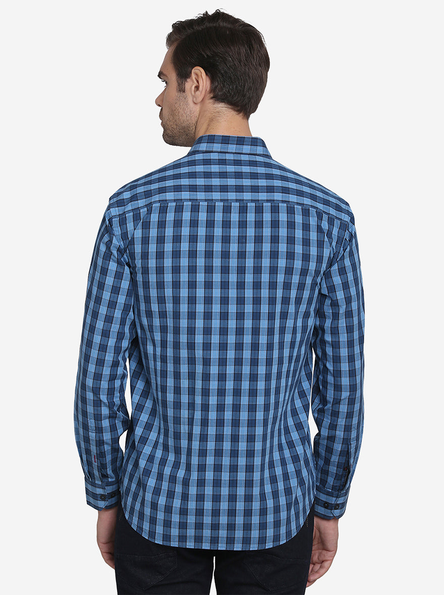 Sky Blue & Dark Blue Checked Regular Fit Casual Shirt  | Greenfibre