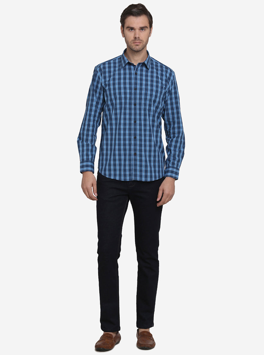 Sky Blue & Dark Blue Checked Regular Fit Casual Shirt  | Greenfibre