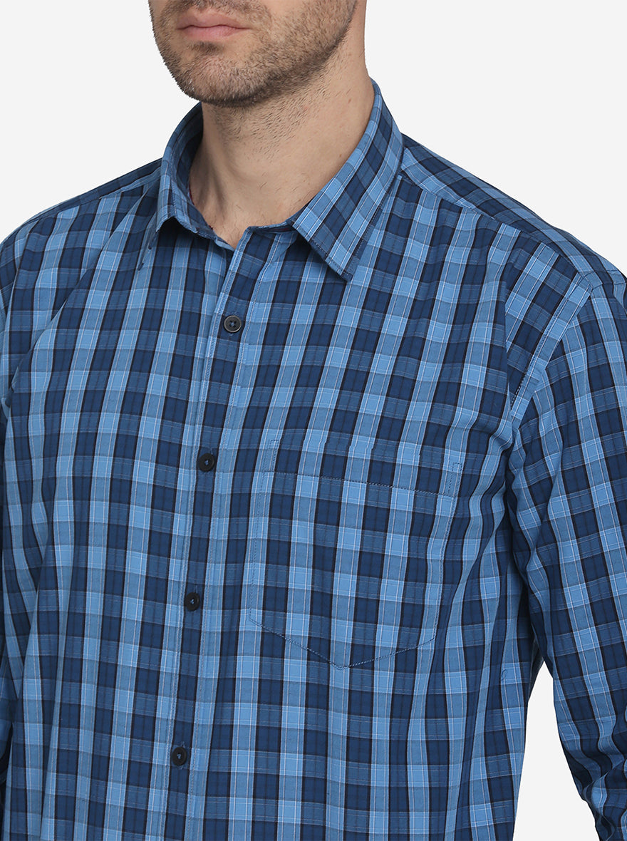 Sky Blue & Dark Blue Checked Regular Fit Casual Shirt  | Greenfibre