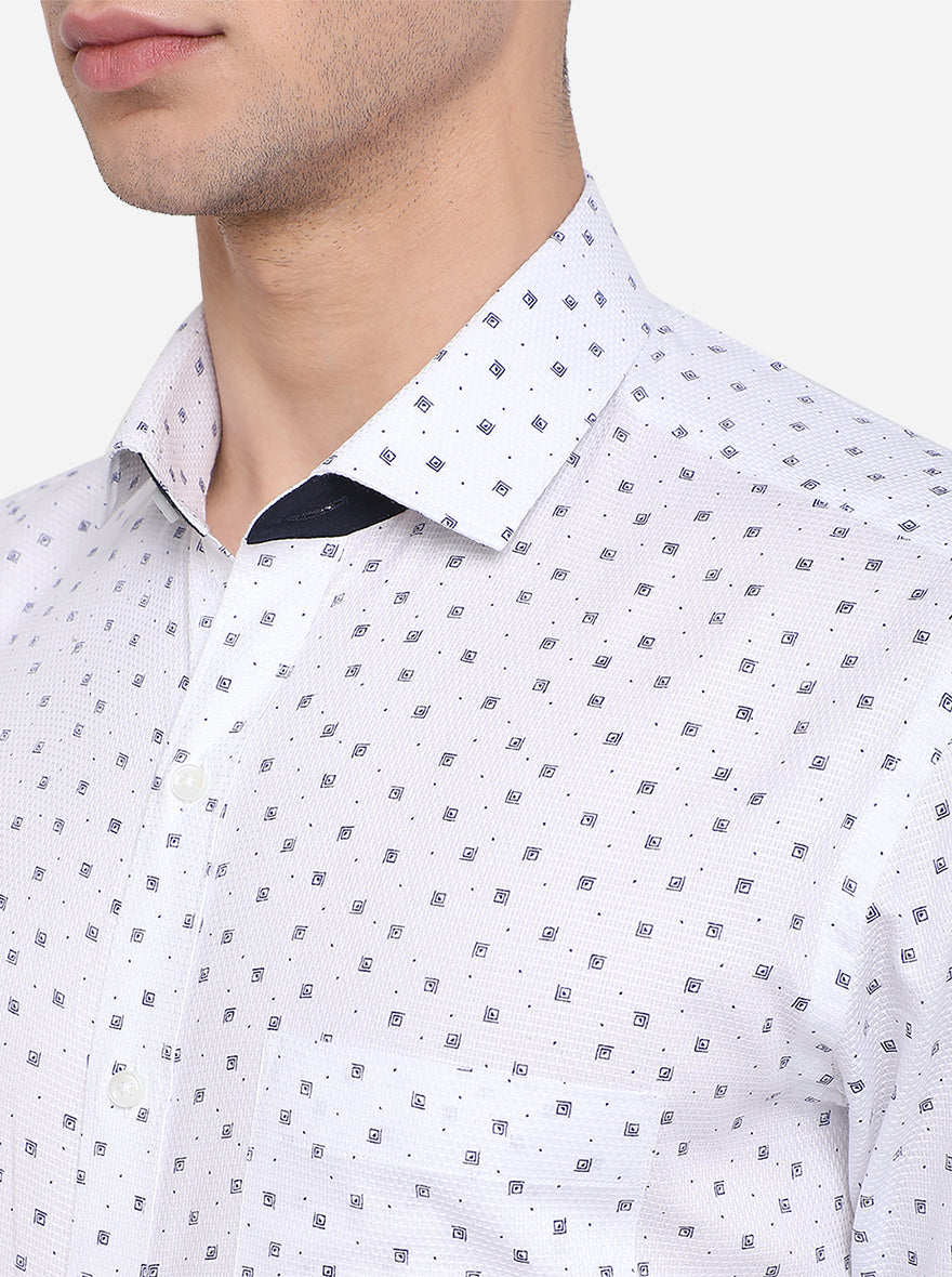 White & Blue Printed Slim Fit Formal Shirt | Greenfibre