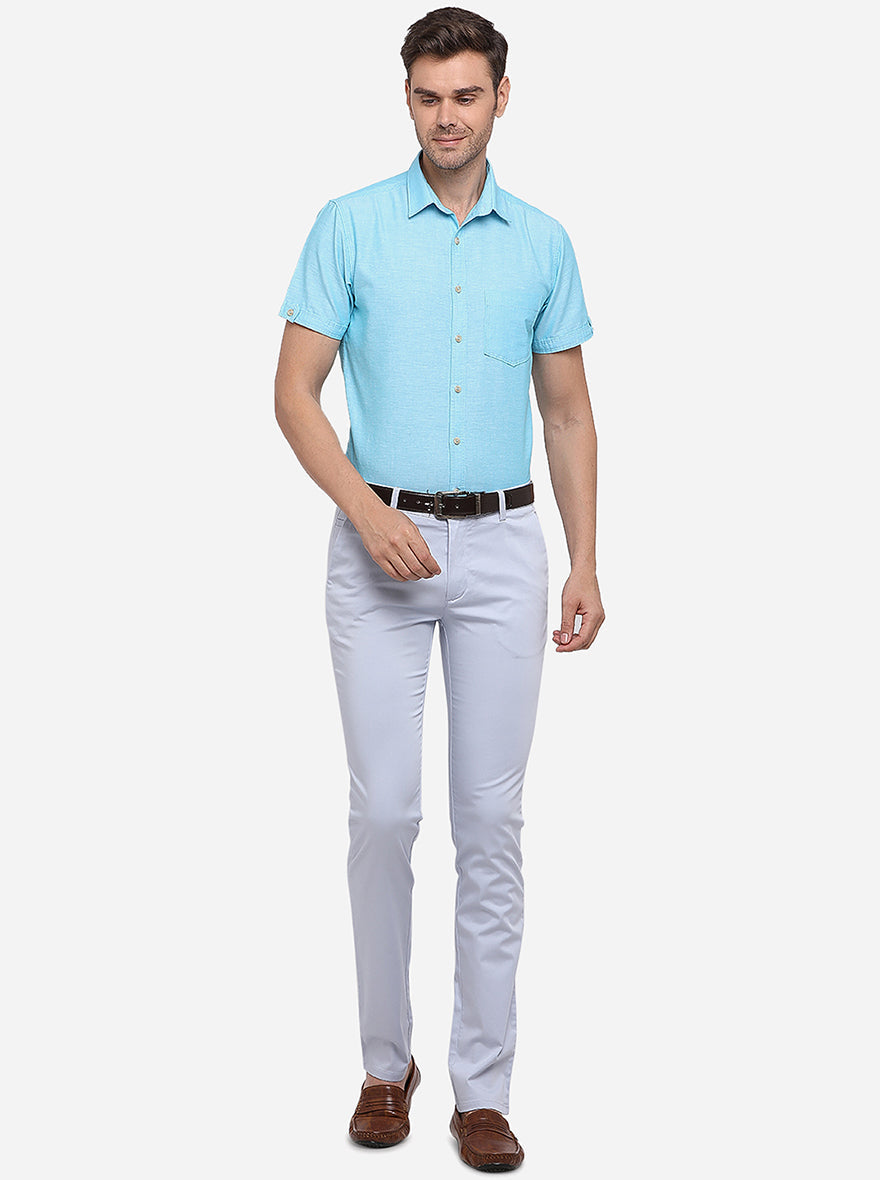 Sky Blue Solid Super Slim Fit Casual Trouser | Greenfibre