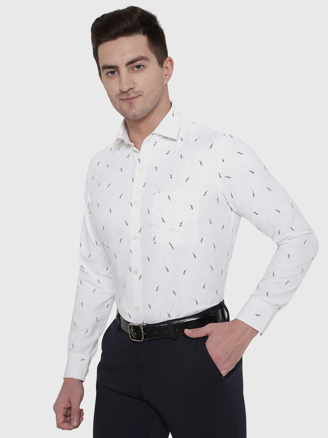 White Printed Slim Fit Formal Shirt | Greenfibre