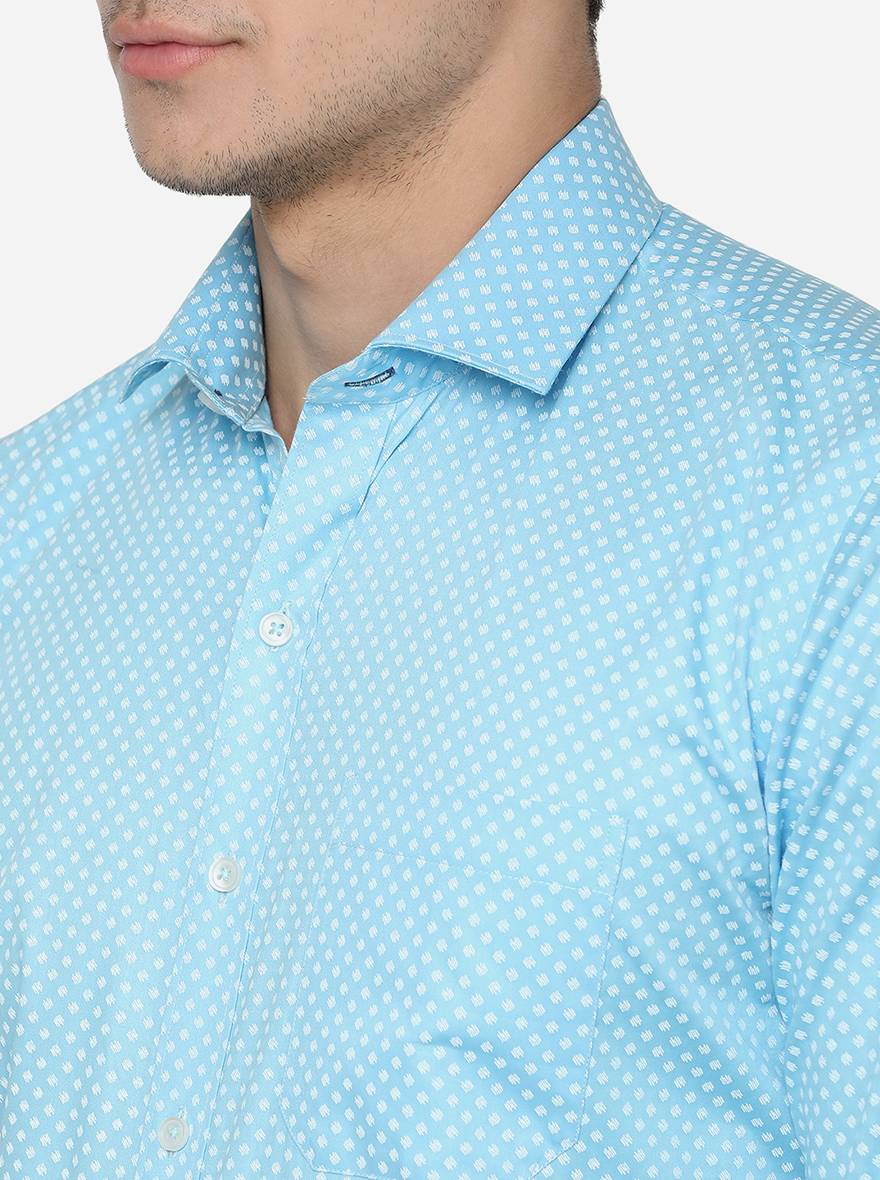 Sky Blue Printed Slim Fit Formal Shirt | Greenfibre