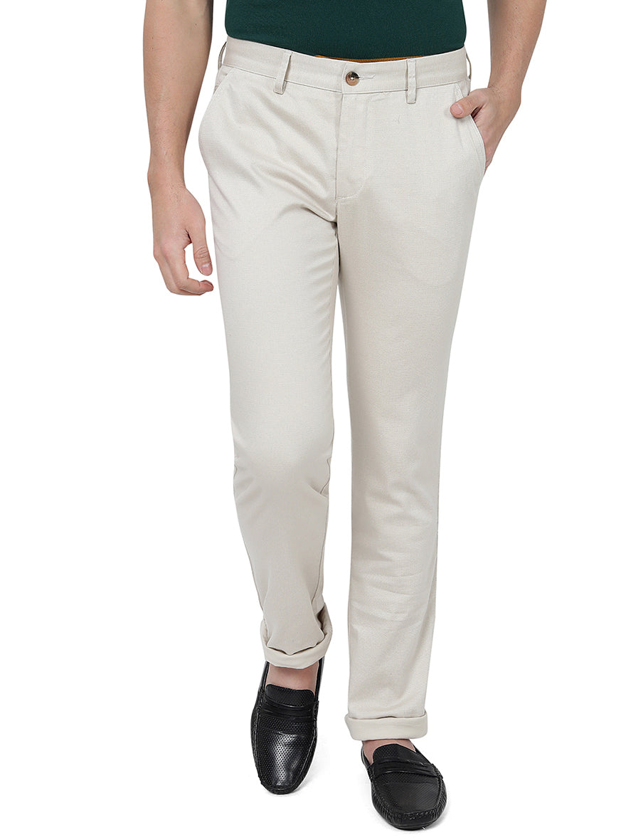 Cream Solid Super Slim Fit Casual Trouser | Greenfibre