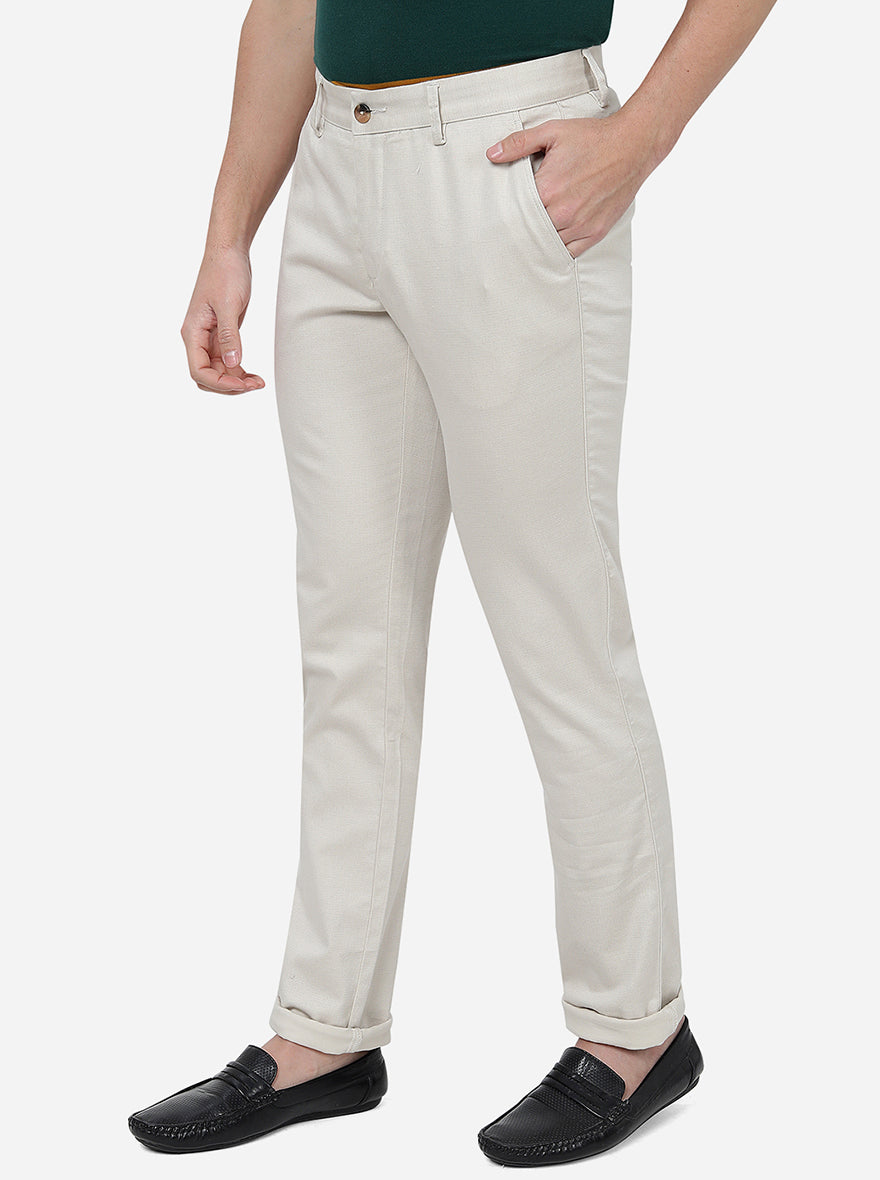 Cream Solid Super Slim Fit Casual Trouser | Greenfibre