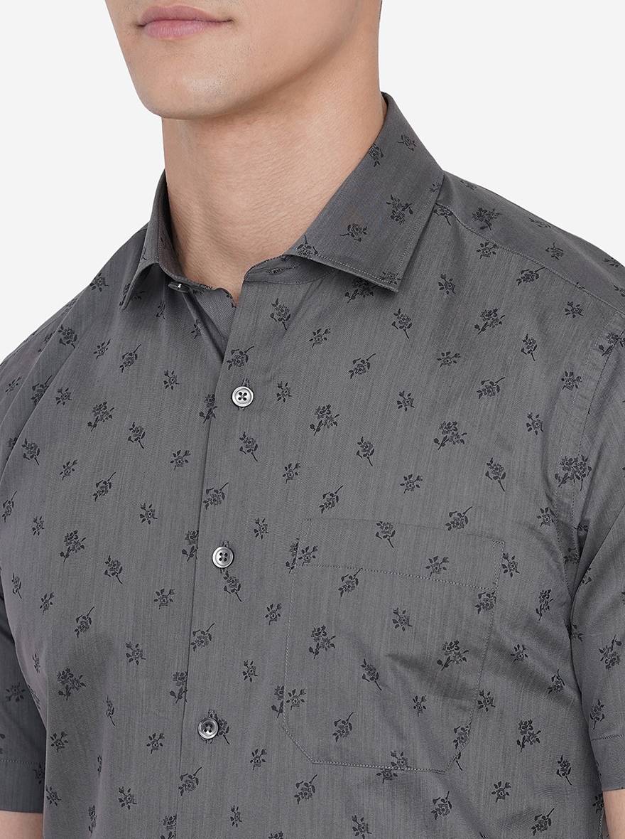 Grey Printed Slim Fit Formal Shirt | Greenfibre