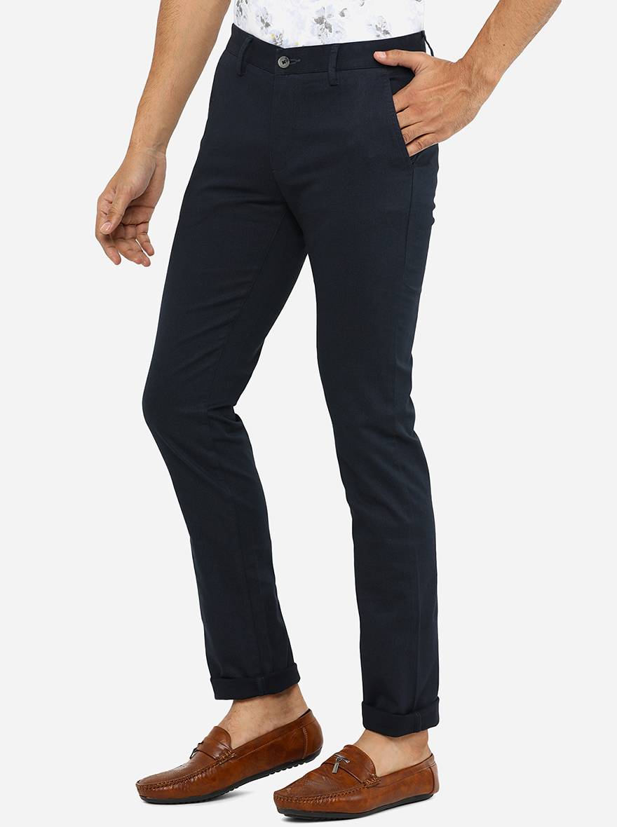 Dark Blue Solid Super Slim Fit Casual Trouser | Greenfibre