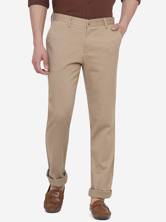 Light Khaki Solid Slim Fit Casual Trouser | Greenfibre