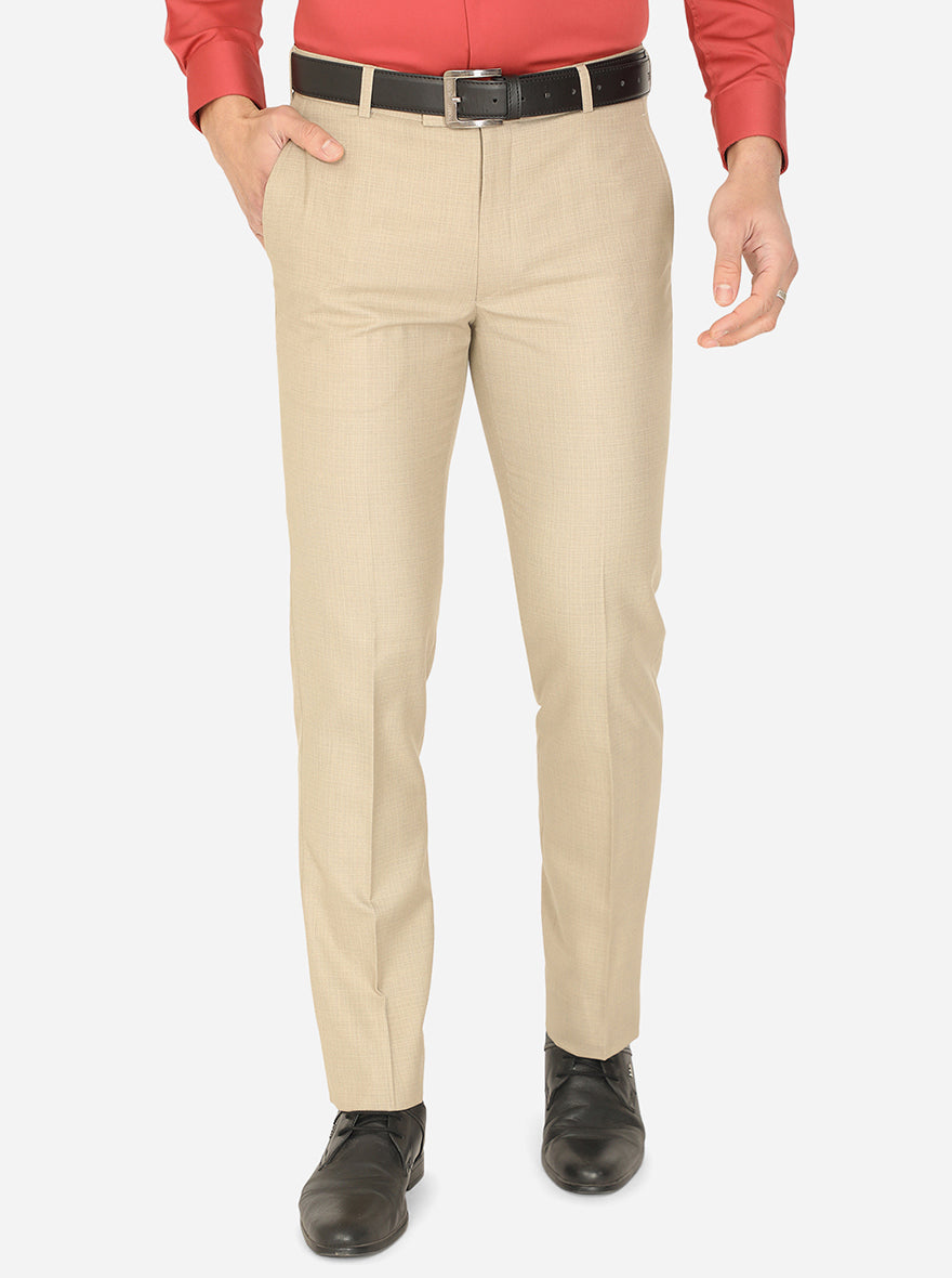 Light Beige Solid Slim Fit Formal Trouser | Greenfibre