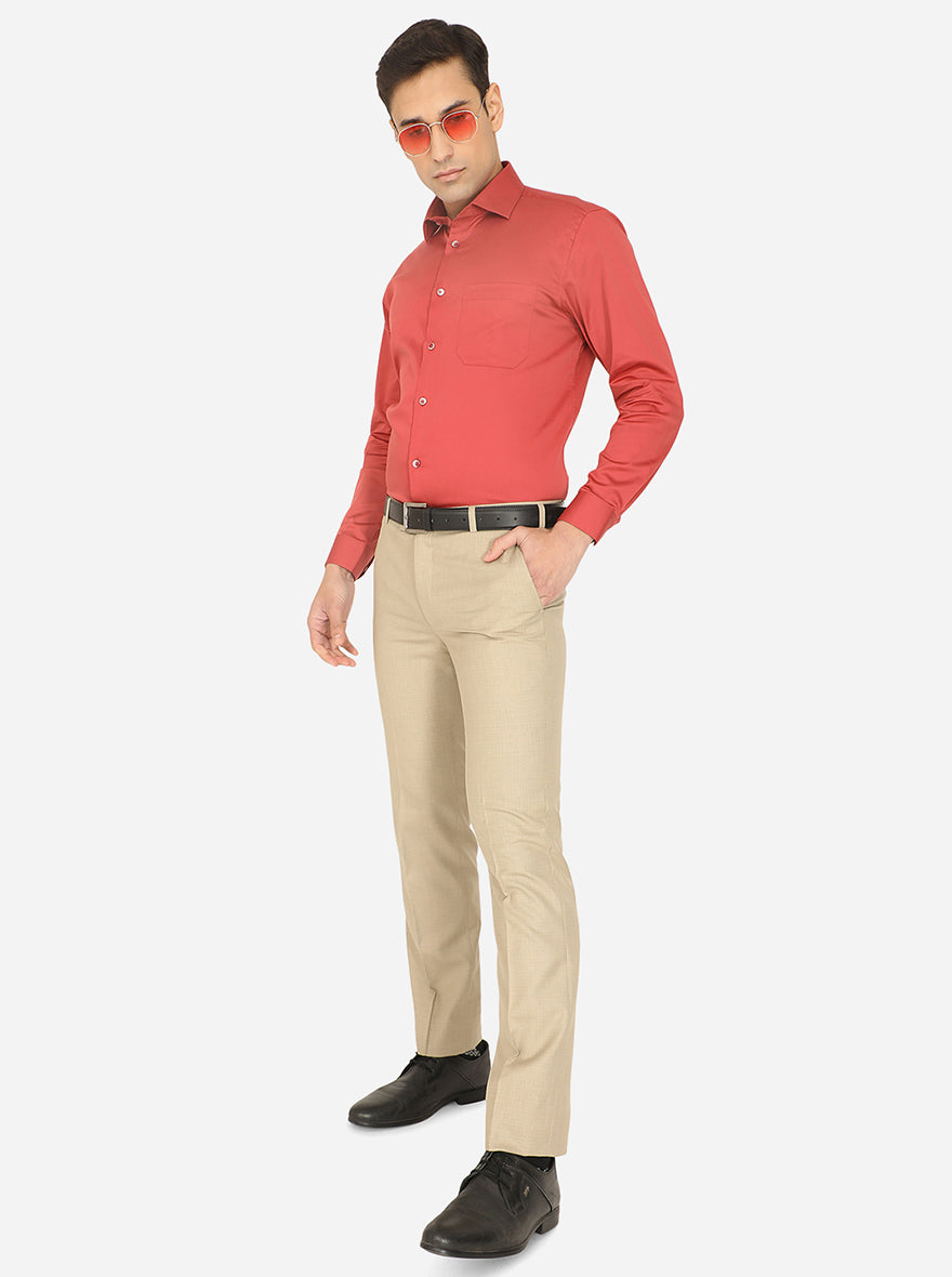 Light Beige Solid Slim Fit Formal Trouser | Greenfibre