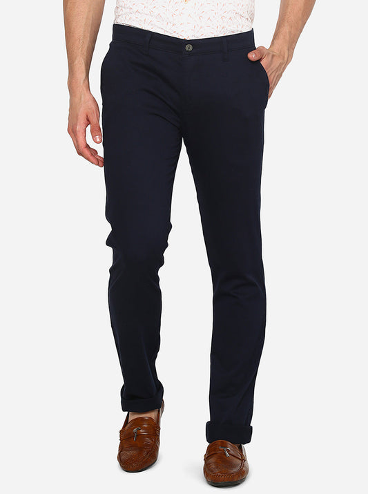 Navy Blue Solid Super Slim Fit Casual Trouser | Greenfibre