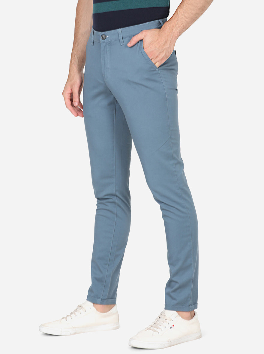 Dusty Blue Solid Neo Fit Casual Trouser | Greenfibre