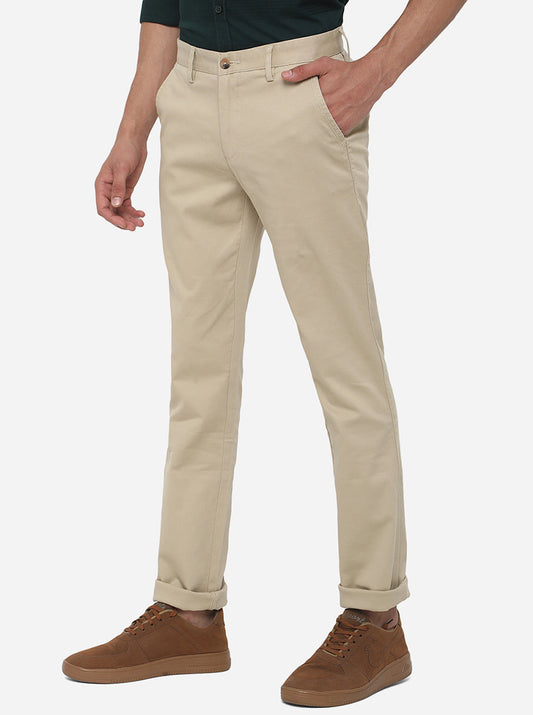 Beige Solid Super Slim Fit Casual Trouser | Greenfibre