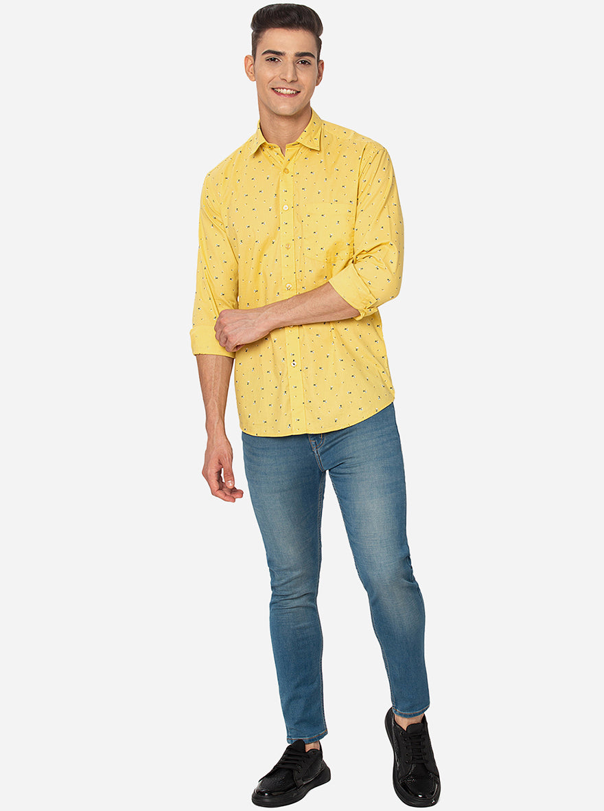 Lemon Yellow Printed Slim Fit Casual Shirt | Greenfibre