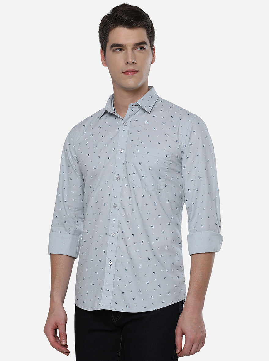 Light Grey Printed Slim Fit Casual Shirt | Greenfibre