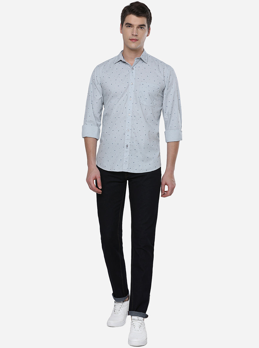 Light Grey Printed Slim Fit Casual Shirt | Greenfibre