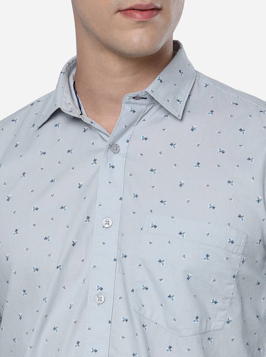 Light Grey Printed Slim Fit Casual Shirt | Greenfibre