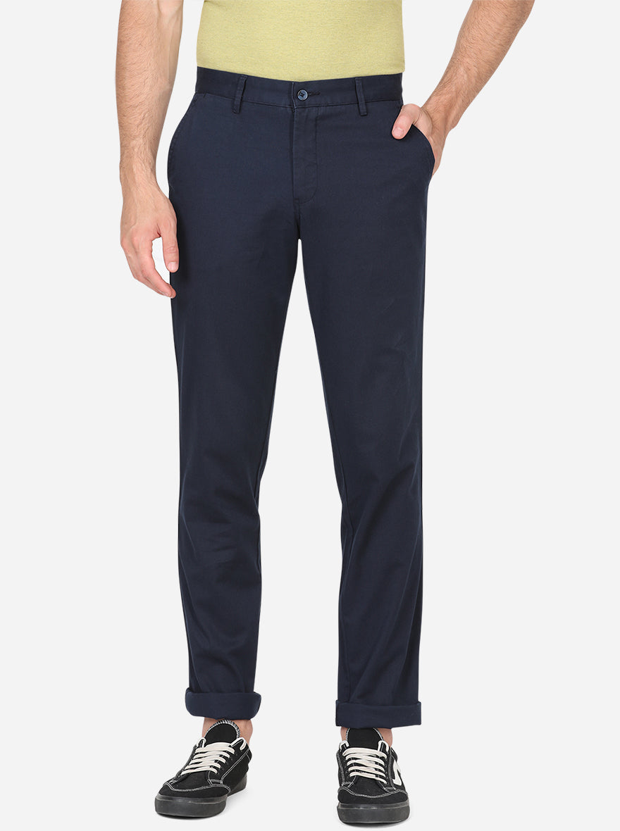 Navy Blue Solid Slim Fit Casual Trouser | Greenfibre