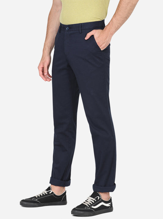 Navy Blue Solid Slim Fit Casual Trouser | Greenfibre