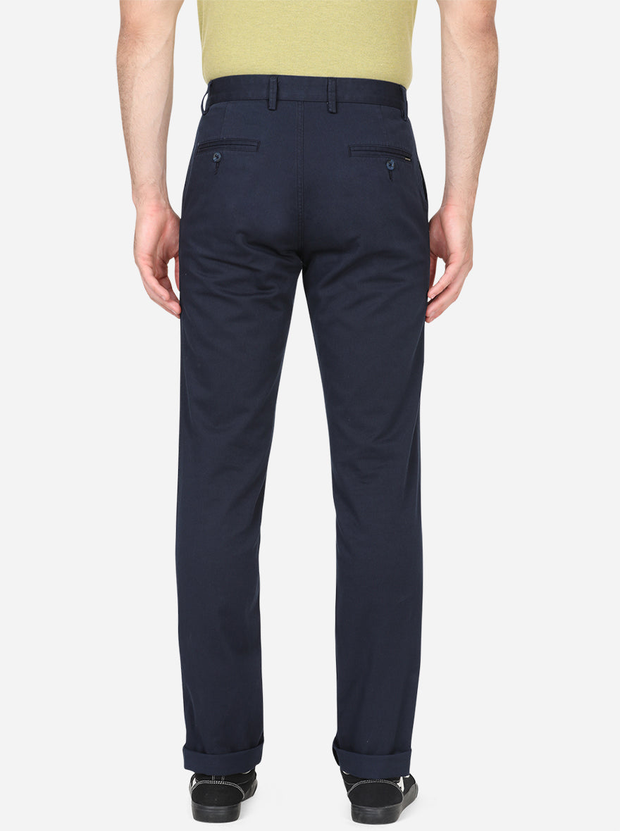 Navy Blue Solid Slim Fit Casual Trouser | Greenfibre