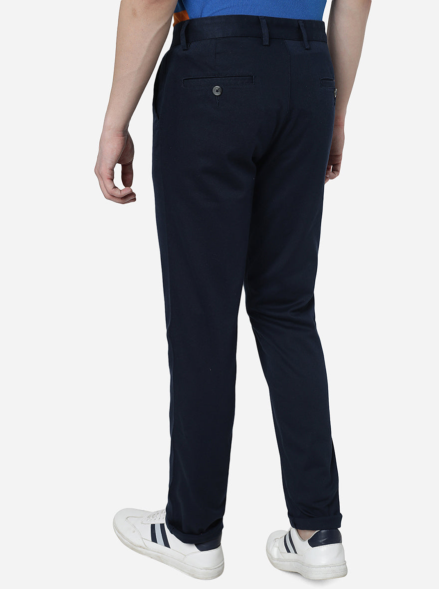 Navy Blue Solid Slim Fit Casual Trouser | Greenfibre