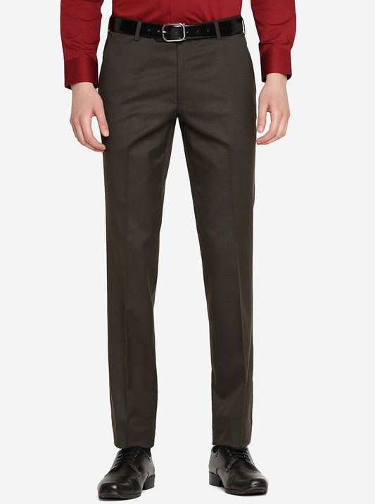 Brown Solid Slim Fit Formal Trouser | Greenfibre