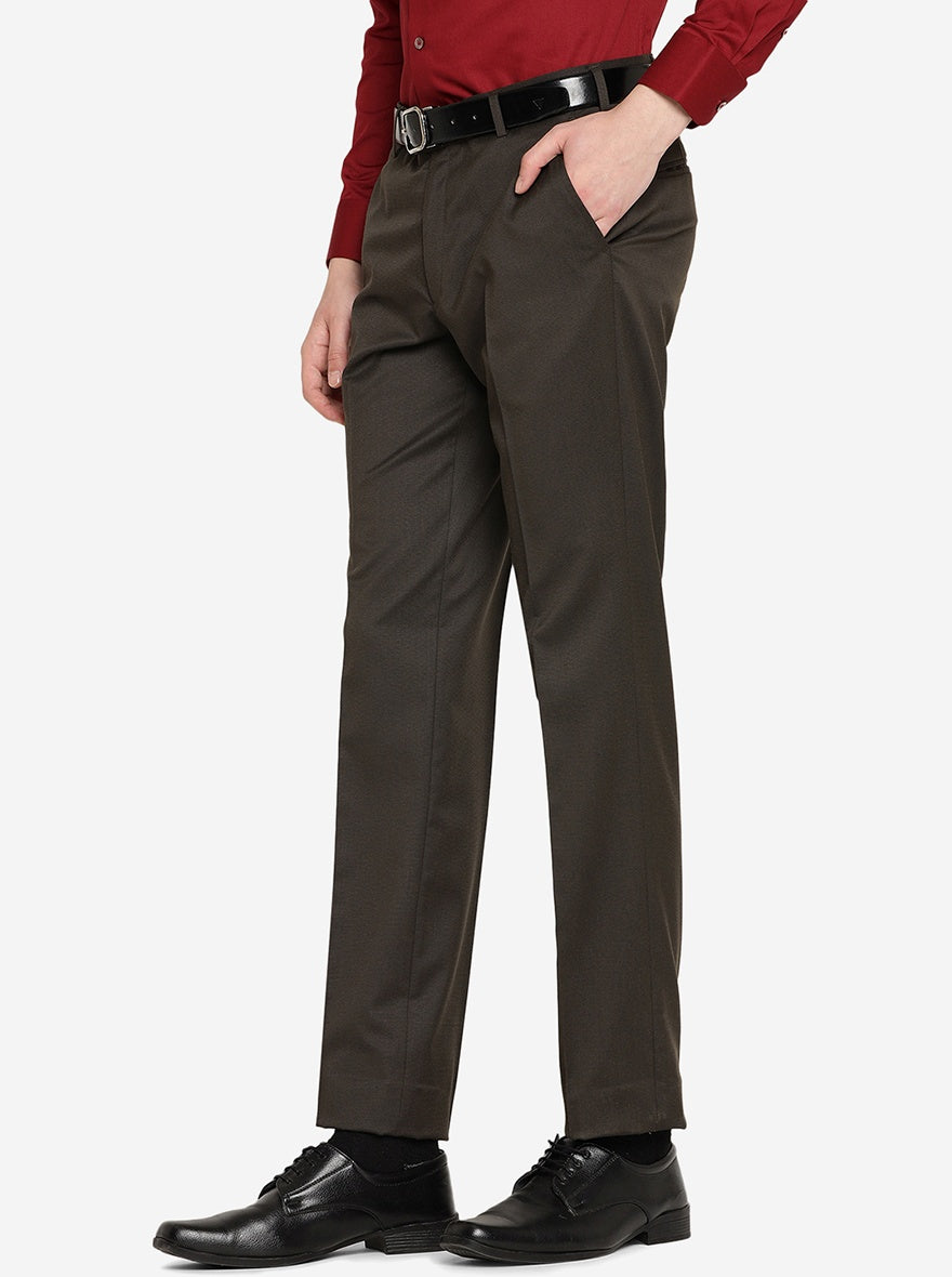 Brown Solid Slim Fit Formal Trouser | Greenfibre