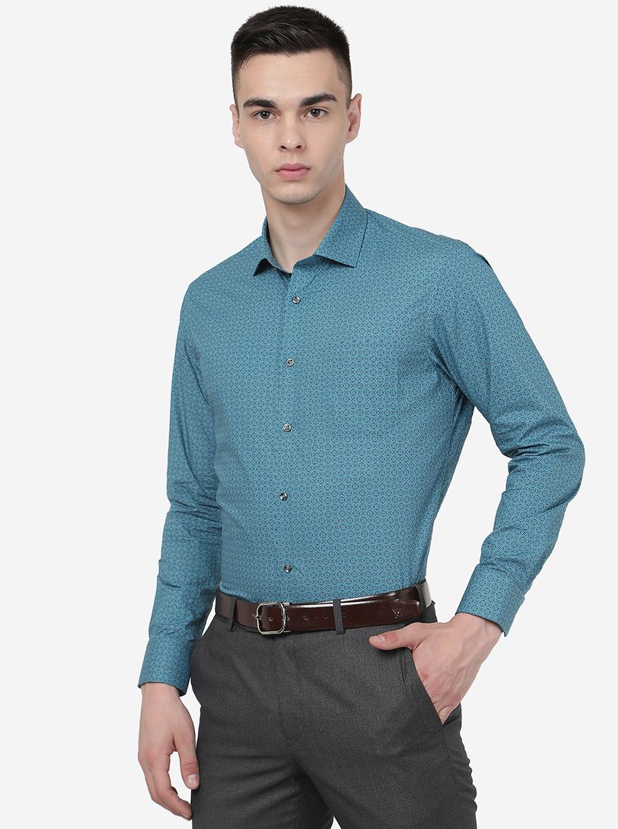 Mist Blue Printed Slim Fit Formal Shirt | Greenfibre