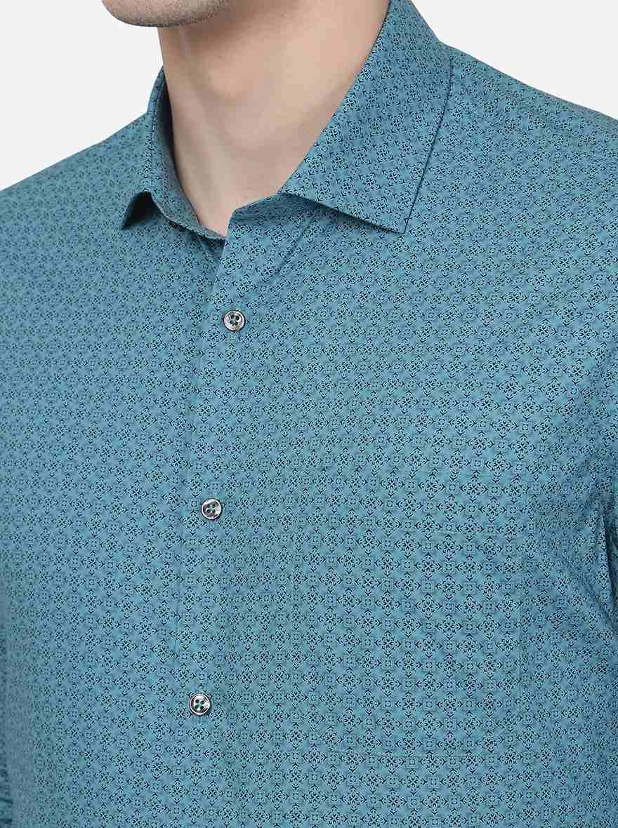 Mist Blue Printed Slim Fit Formal Shirt | Greenfibre