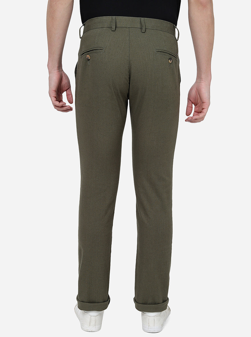 Olive Green Solid Super Slim Fit Casual Trouser | Greenfibre