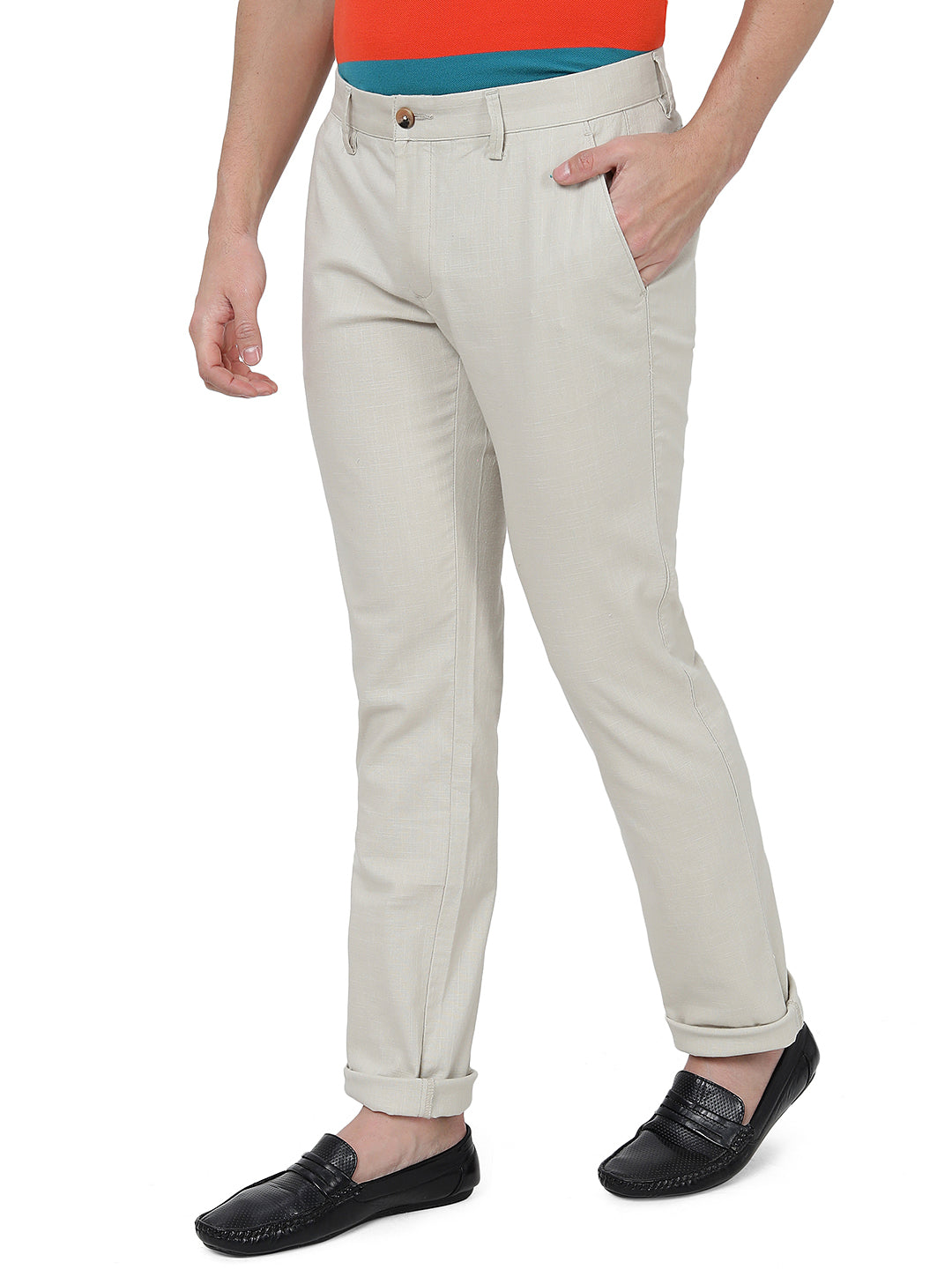 Cream Solid Super Slim Fit Casual Trouser | Greenfibre