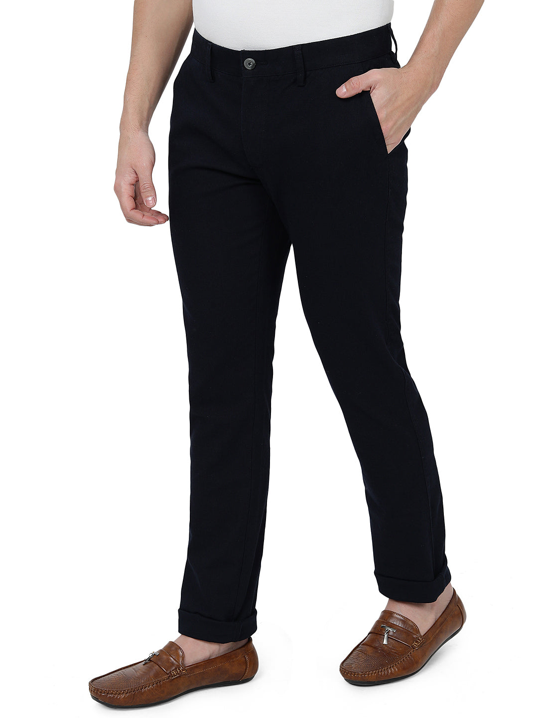 Navy Blue Solid Super Slim Fit Casual Trouser | Greenfibre