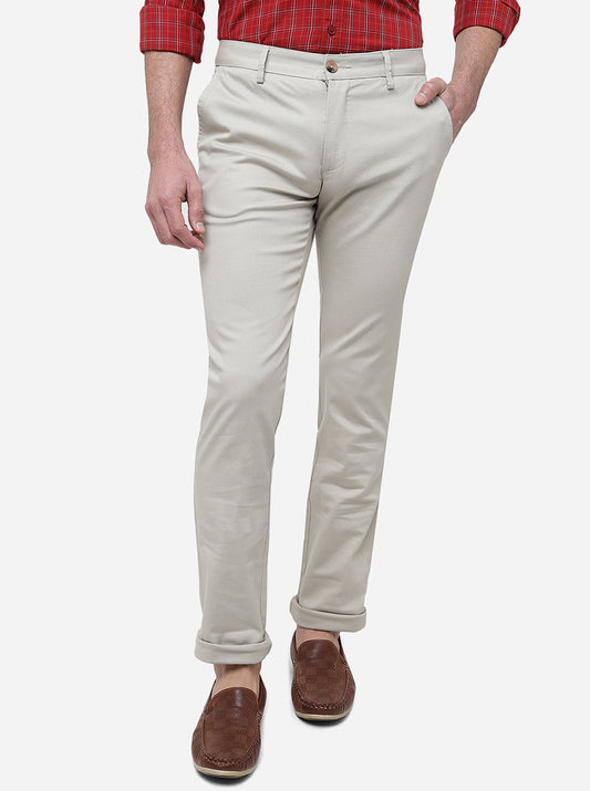 Cream Solid Super Slim Fit Casual Trouser | Greenfibre