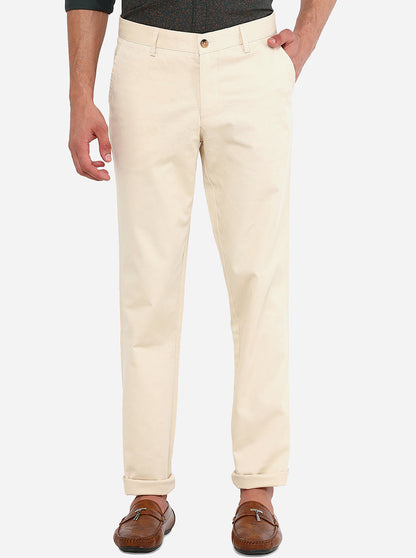 Cream Solid Slim Fit Casual Trouser | Greenfibre