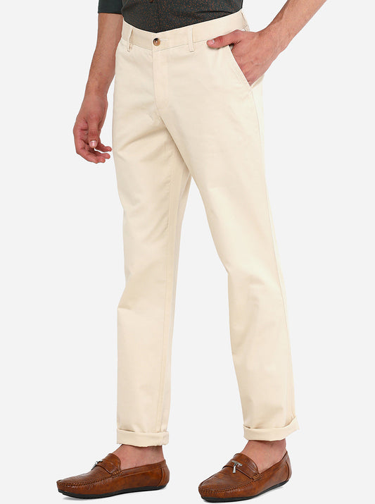 Cream Solid Slim Fit Casual Trouser | Greenfibre