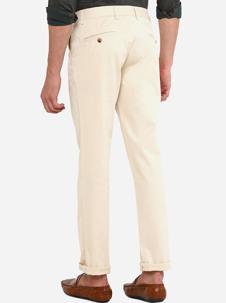 Cream Solid Slim Fit Casual Trouser | Greenfibre