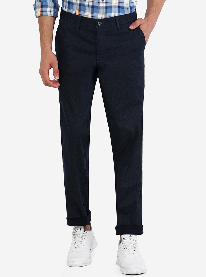 Navy Blue Solid Slim Fit Casual Trouser | Greenfibre