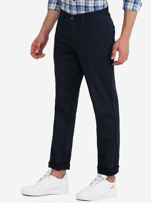 Navy Blue Solid Slim Fit Casual Trouser | Greenfibre