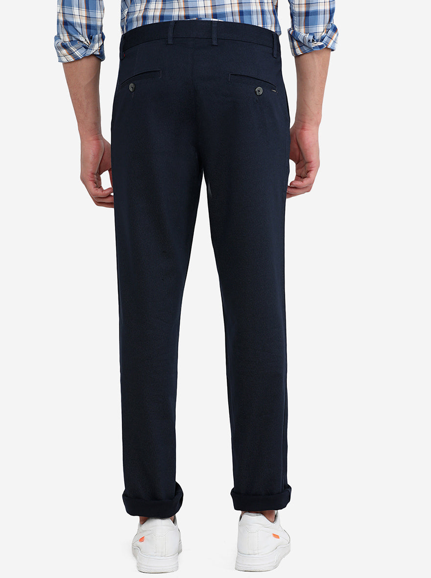 Navy Blue Solid Slim Fit Casual Trouser | Greenfibre