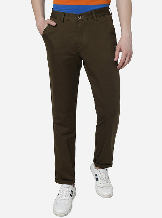 Brown Solid Slim Fit Casual Trouser | Greenfibre