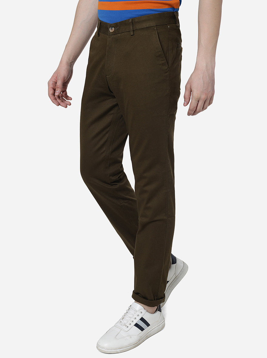 Brown Solid Slim Fit Casual Trouser | Greenfibre